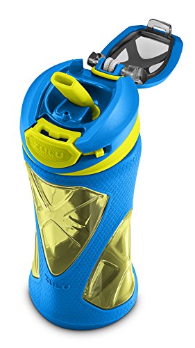 Zulu Torque 16oz Plastic Kids Water Bottle with Silicone Sleeve and Leak-Proof Locking Flip Lid and Soft Touch Carry Loop for School Backpack, Lunchbox, Outdoor Sports, BPA-Free Dishwasher Safe, Gray, Blue