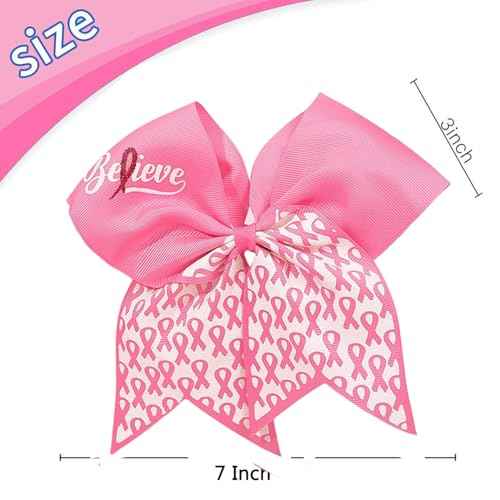 24PCS 7" Large Breast Cancer Awareness Cheer Hair Bows, Glitter Pink Ribbon Bow Ponytail Holder for Cheerleader Girls Cheerleading Hair Accessories Elastic Hair Band for Kids Women (White Pink)