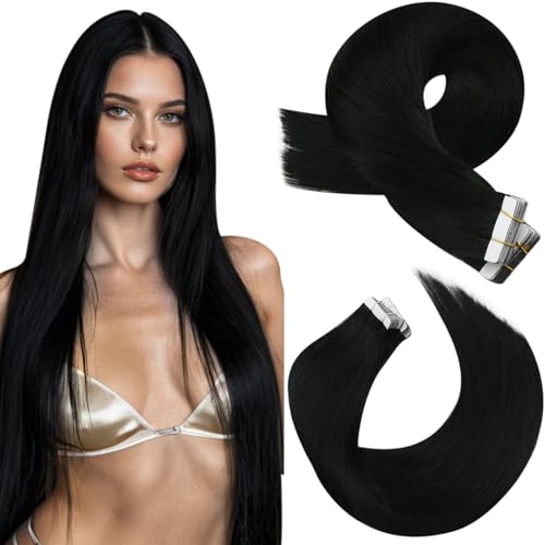 Moresoo Tape in Hair Extensions 18 Inch Remy Human Hair #1 Black 20pcs