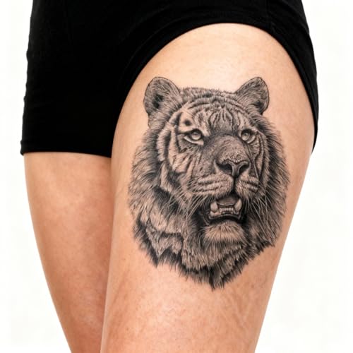 2 Sheets Realistic Animal Temporary Tattoos Stickers Sketch Lifelike Tiger Roar Designs For Men Waterproof Arm Leg Fake Body Art, Gym & Parties Bold Masculine Decals