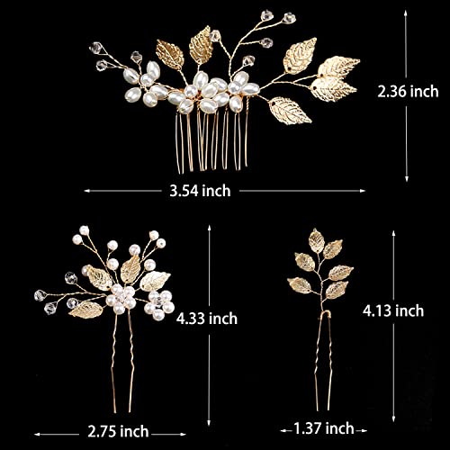 Gold Leaf Pearl Bridal Hair Pins Set - 4 Pieces