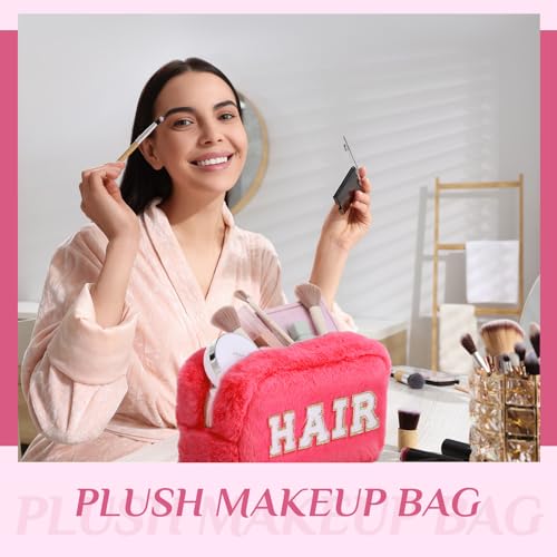 Paterr 4 Pieces Preppy Makeup Bag Chenille Letter Faux Fur Fluffy Bag Preppy Stuff Face Skin Hair Stuff Cute Toiletry Cosmetic Travel Bags Pouch with Zipper for Girls Women(Pink)