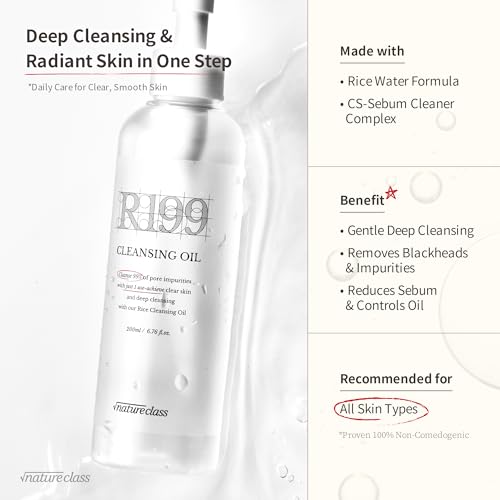 R199 Rice Cleansing Oil Face Cleanser Korean Skincare Makeup Remover Oil Cleanser for Face Blackhead Remover Pore Control Double Cleansing Sensitive Skin 6.76 fl oz