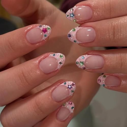 Foccna Almond Pink Press-On Nails with 3D Crystal - 24pcs