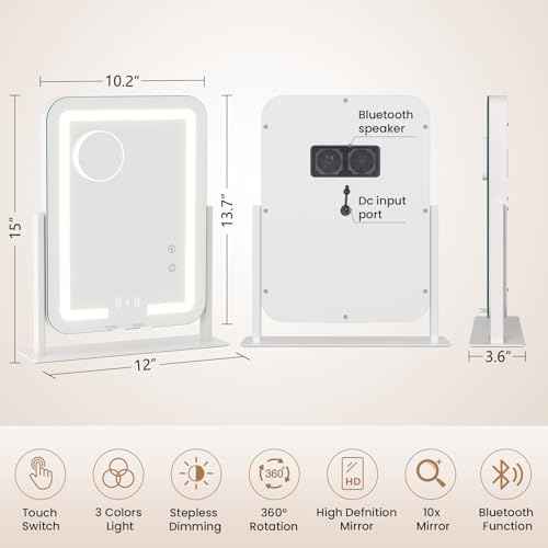 Dripex 15"x12" LED Lighted Makeup Mirror with 12V 2A Wireless Charging Bluetooth Speaker Makeup Vanity Mirror with Lights 3 Colors Dimmable Touch Keys Phone Holder 10X Magnification for Vanity Desk