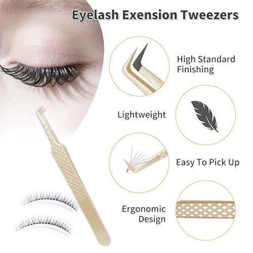 MGER Lash Tweezers for Eyelash Extensions,Diamond Grip 90 Degree Fiber Tip Volume Lash Extension Tweezers,Gold (90 Degree Volume Tweezers)