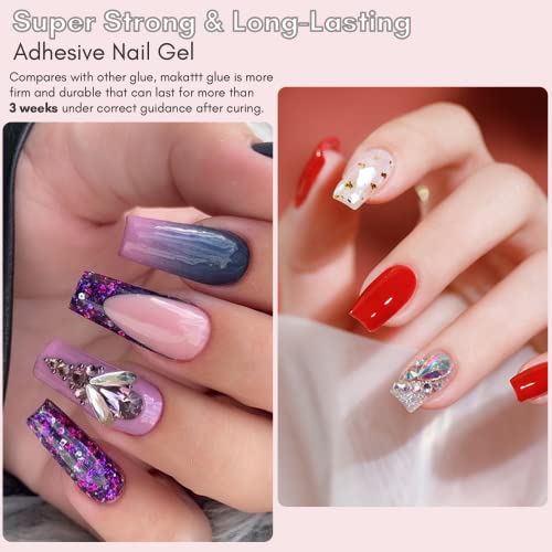 Makartt Nail Tips Nail Glue with Nail Rhinestone Glue Gel Bundle, 40PCS Nail Glue for Acrylic False Nail Tips, Super Strong Gem Glue Gel 1.06oz Nail Lamp Needed for Nail Glitter Jewels Crystals