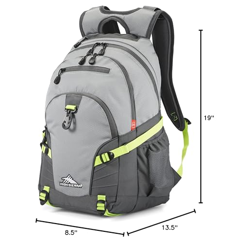 High Sierra Loop Backpack, Travel, or Work Bookbag with tablet sleeve, One Size, Steel Grey/Mercury/Neon Green