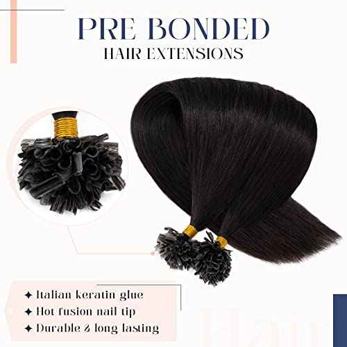 Hairro Pre Bonded Fushion Hair Extensions Nail Tip Human Hair Keratin U Tip Hairpieces Utip Remy Natural Glue Stick Flat Tipped Hairpiece For Women 100 Strands 16" 50g #1B Natural Black