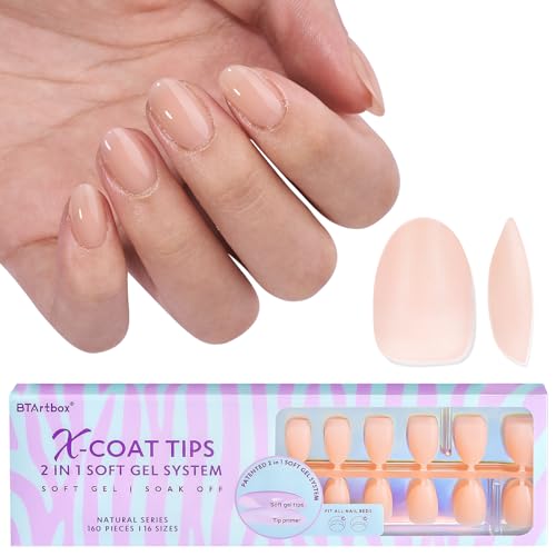BTArtbox 160pcs Almond Plastic False Nails - Extra Short, 16 Sizes, 4-Week Wear