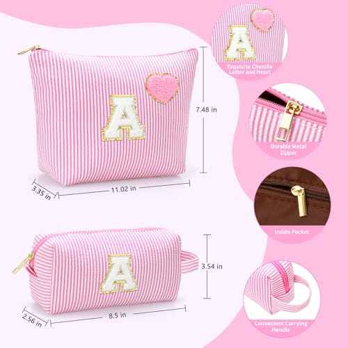 Initial Makeup Bag Personalized Preppy Cosmetic Bag Trendy Toiletry Travel Bag For Teen Girls Kids Women Letter Makeup Pouch Purse Holiday Gifts Birthday Christmas Gifts 2pack (A, Pink)