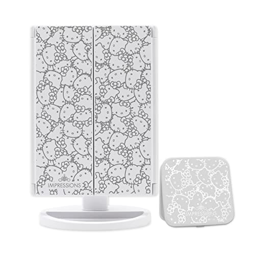 Impressions Vanity Hello Kitty Lighted Makeup Mirrors Bundle, Supercute Trifold and Compact Mirror with LED Lights, Magnification, Touch Screen, Travel Accessories Portable Hand Mirror (White)