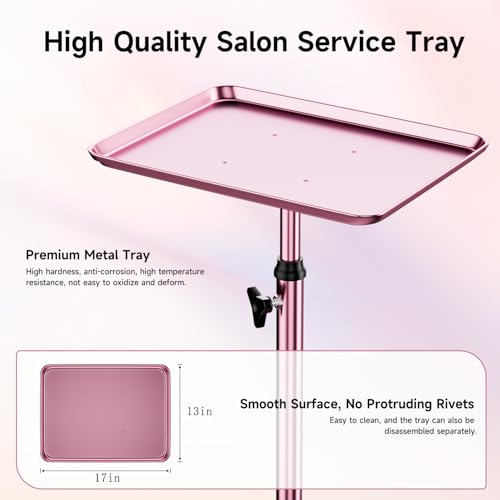 Salon Tray Cart Rolling Tray Spa Tray,Tattoo Tray Dental Tray Height Adjustable,Salon Tray on Wheels Premium Metal Rolling Trolley,Pink