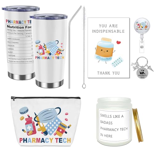 6Pcs Christmas Pharmacy Technician Appreciation Gifts Include Cup Portable Cosmetic Bag Badge Keychain Aromatherapy Thank You Card Pharmacy Technician Accessories for Doctors Nurses Week Gift Supplies