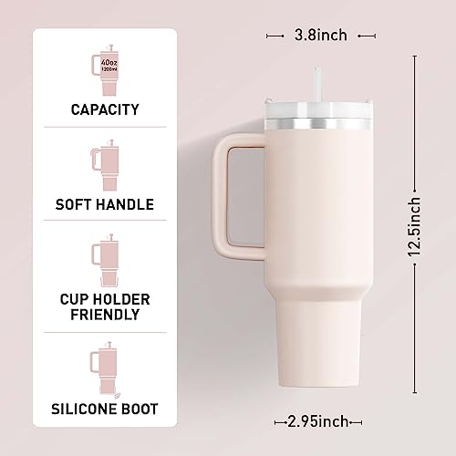 KISSKIND 40 oz tumbler with handle Travel Mug Straw Covers Cup with Lid Insulated Quencher Stainless Steel Water Iced Tea Coffee Gift ROSE