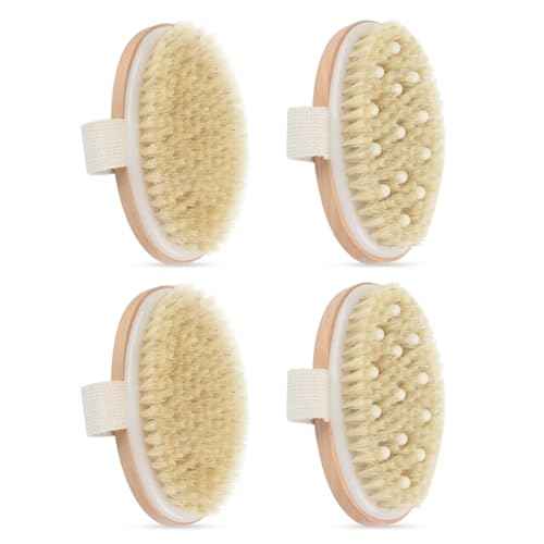 4 Pack Dry Body Brushing Brushes, Natural Bristle Exfoliating Scrub Brushes with Massage Nodes for Lymphatic Drainage, Skin Firming, Acne Treatment, and Cellulite Reduction