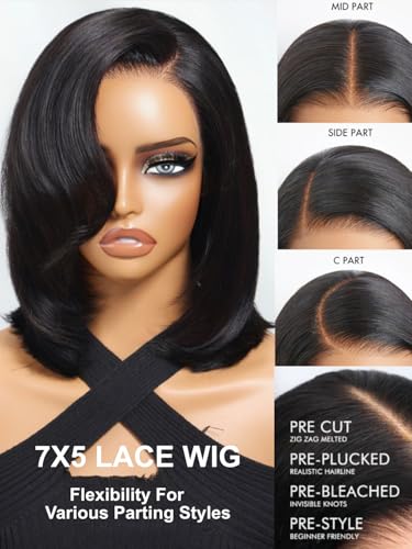 Sunber 8-Inch Layered Bob Wig with Side Swept Bangs - Glueless HD Lace Front