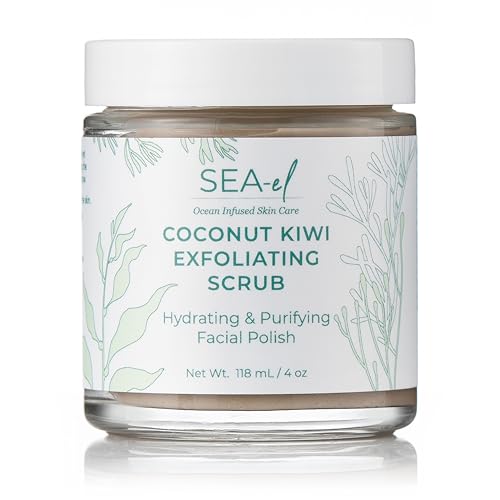 Sea El Coconut Kiwi Exfoliating Face Scrub Hydrating Calming & Purifying Anti Aging Exfoliator - Bamboo Pumice & Green Tea Detoxifying Exfoliant Facial Cleanser & Polish for Women & Men - 4 Oz