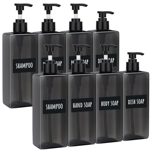 Segbeauty 16.9oz Refillable Bottles, 8pcs 500ml Shampoo and Conditioner Set with Labels, Gray Empty Shampoo Body Soap Conditioner Pump Bottle Dispenser Plastic Bathroom Press Lotion Dispenser
