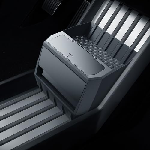 For Tesla Cybertruck Floor Console Organizer - [Easy To Install] Push to Open 2-in-1 Cyber Style Car Trash Can& Console Storage Vegan Leather Mats for 2024 2025 Cybertruck-Waterproof Drawer Organizer