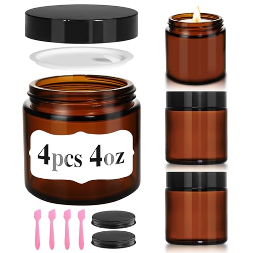 4 oz Glass Jars with Lids, 4 Pack Amber Small Glass Jars with Black Lids Leakproof Airtight Empty Cosmetic Travel Containers with Inner Liners For Lotions Body Scrub, Candle Making