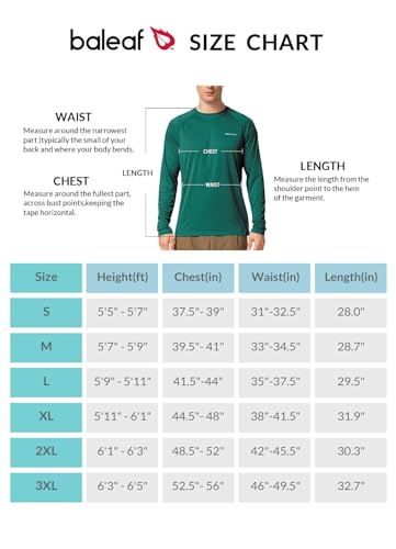 BALEAF Men's Sun Protection Shirts UV SPF T-Shirts UPF 50+ Long Sleeve Rash Guard Lightweight Hiking Summer Emerald Size S