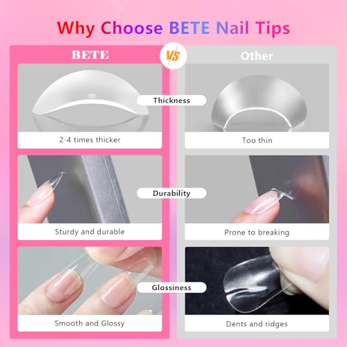 BETE Medium Almond Clear Acrylic Nail Tips - 224 Pcs, 16 Sizes