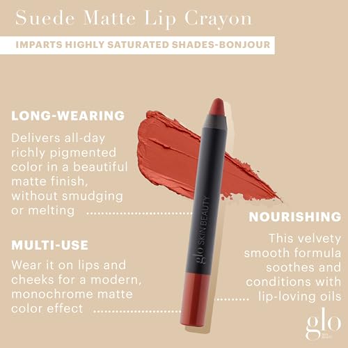 Glo Skin Beauty Suede Matte Lip Crayon (Bonjour) - Longwearing Formula Stays On All Day, With Conditioning Shea Butter + Mango Seed Oil for a Velvety Smooth Finish