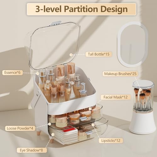 Makeup Organizer Countertop & Makeup Brush Holder with Lid 360 Rotating Clear Dustproof Skincare Holder for Vanity Bathroom Countertop, Ideal Gifts for Women, Transparent, Silver