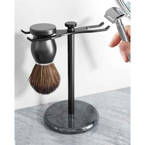 pickpiff Safety Razor Stand with Brush Holder, Marble Base with Black Metal Holder Heavy Duty, Extra Wide Openings, Fits Most Brushes and All Kinds Of Razors