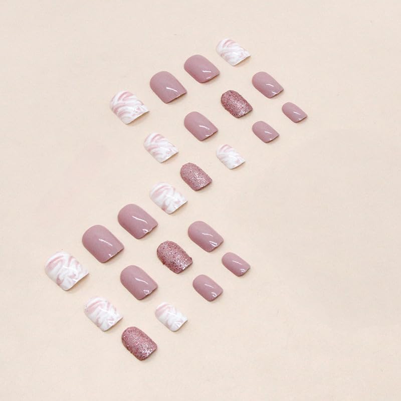 Extra Short Press on Nails Square Fake Nails with Glitter Pink White Designs Glossy Acrylic Glue on Nails Glossy False Nails Full Cover Stick on Nails Artificial Static Nails for Women 24Pcs