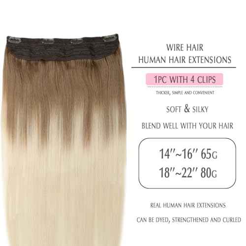 SURNEL Wire Hair Extensions Real Human Hair, 22inch 80g Ash Brown to Platinum Blonde Invisible Wire Hair Extensions(22,8T60)