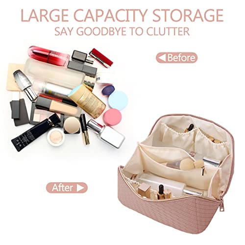 Travel Cosmetic Bag with Compartments - Large Capacity, Lay Flat, Pink Checkered Pattern PU Leather Portable Makeup Bag for Women & Girls
