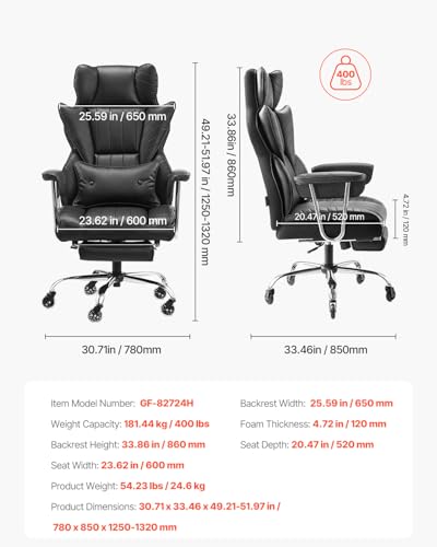 VEVOR Black Executive Office Chair with Footrest, 400lb Heavy Duty Reclining Ergonomic Desk Chair