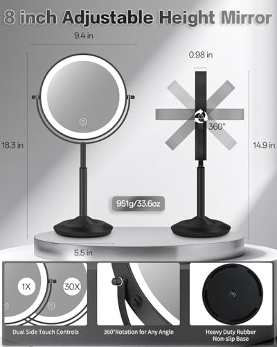 VFD Height Adjustable LED Makeup Mirror with 30X Magnification