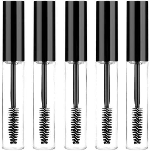 Empty Mascara Tubes, 10ml, 3/5 Pack with Wands, Refillable, Clear, Solid Form, Mini Silicone Spatulas and Pipettes for DIY Cosmetics (5)