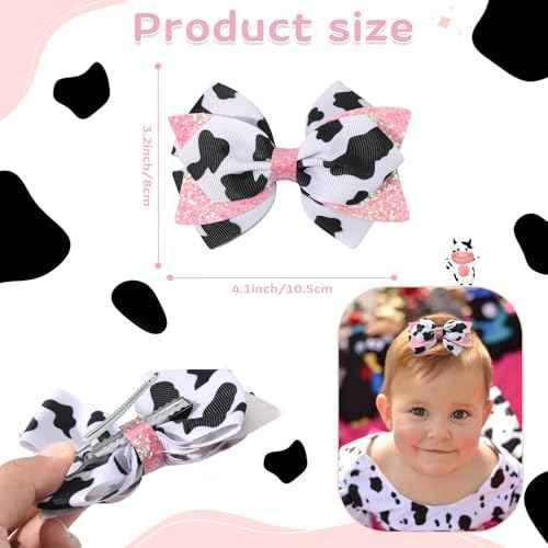 2PCS Glitter Cute Moo Cow Print Hair Bows Pink Grosgrain Ribbon Alligator Clips for Girls£¬Women, Toddlers, Infants, and Kids' Birthday Party Decor