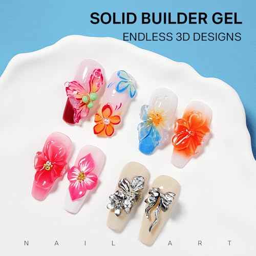 MIZHSE Solid Builder Gel for Nails, Clear 60g 3D Sculpting Gel for Nail Art Non-Sticky Molding Hard Gels UV LED Nail Charm with Gold Chrome Nail Powder and 3D Silicone Flower Mold Kit for DIY Salon