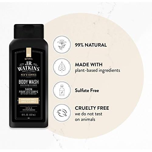 J.R. Watkins Natural Daily Moisturizing Body Wash, Hydrating Shower Gel for Men and Women, Free of SLS, Cruelty Free, Sandalwood Vanilla, 18 fl oz, 6 Pack