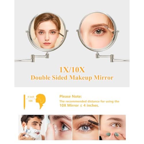 Wall Mounted Makeup Mirror - 10x Magnification 8'' Two-Sided Swivel Extendable Bathroom Mirror Chrome Finish£¬Extended Arm 360 Rotation Wall Mounted Makeup Mirror