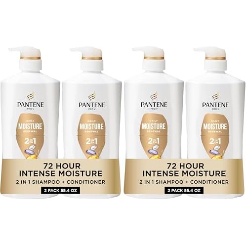 Pantene 2-in-1 Shampoo & Conditioner, Daily Moisture Renewal - Pro-V Nutrients for Dry, Straight to Curly Hair,72-Hour Hydration & Softness, 27.7 Oz Each, + Rescue Shot (0.5 Oz),2 Count (Pack of 2)