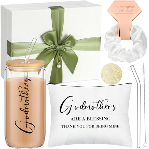 Skylety Godmother Proposal Gifts Set 16 oz Coffee Glass Godmother Cosmetic Bag White Hair Scrunchies, Gift Box, Mother's Day Gifts for God Mother, Wedding Holiday Appreciated Gift