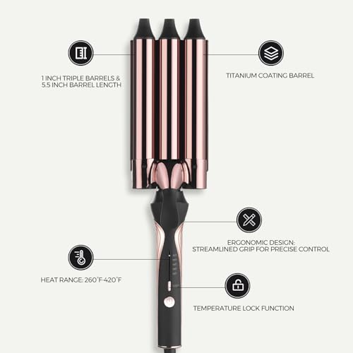 Rozamor 3 Barrel Curling Iron for Beach Waves - 1” Titanium Waver