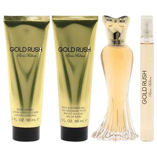 Paris Hilton Gold Rush 3.4oz EDP Spray, 0.34oz EDP Spray, 3oz Body Lotion, 3oz Shower Gel Women 4 Pc Gift Set