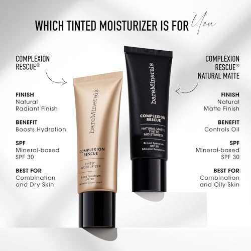 bareMinerals Complexion Rescue Tinted Moisturizer for Face with SPF 30, Full Size, Tan Amber 07, Vegan, Cruelty-Free & Dermatologist-Tested