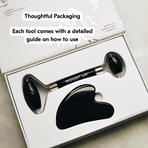 Mount Lai Obsidian Gua Sha Facial Tools, Black Obsidian Gua Sha Facial Tools Set and Roller, Guasha Tool for Face to Relieve Muscle Tension and Reduce Puffiness, Anti Aging Skin Care Sets for Women