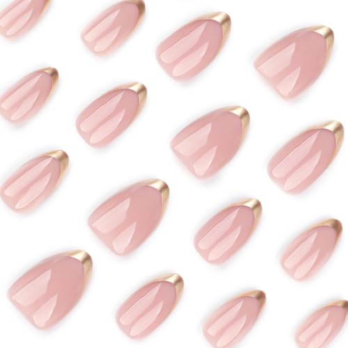 Mivota Short Pink Press On Nails with Gold French Tips - 24 Pcs