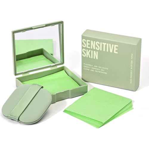 KYDA 200 Sheets Face Oil Blotting Paper, Included Refills, Mirror and Puff, Oil Absorbing Sheets for Makeup, Oil Control Shine, Absorb Excess Oil, Travel Size Gentle Face Makeup, Green Tea
