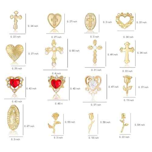 128PCS Gold Nail Charms Set with Rhinestones and Gems, Rose, Hearts, Cross and Virgin Mary - Y2K 3D Shiny Jewelry Nail Decorations Accessories Supplies