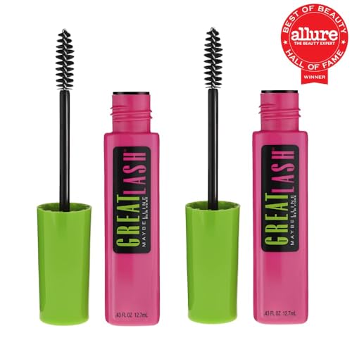 Maybelline Great Lash Washable Mascara Makeup, Volumizing Lash-Doubling Formula That Conditions As It Thickens, Very Black, 2 Count